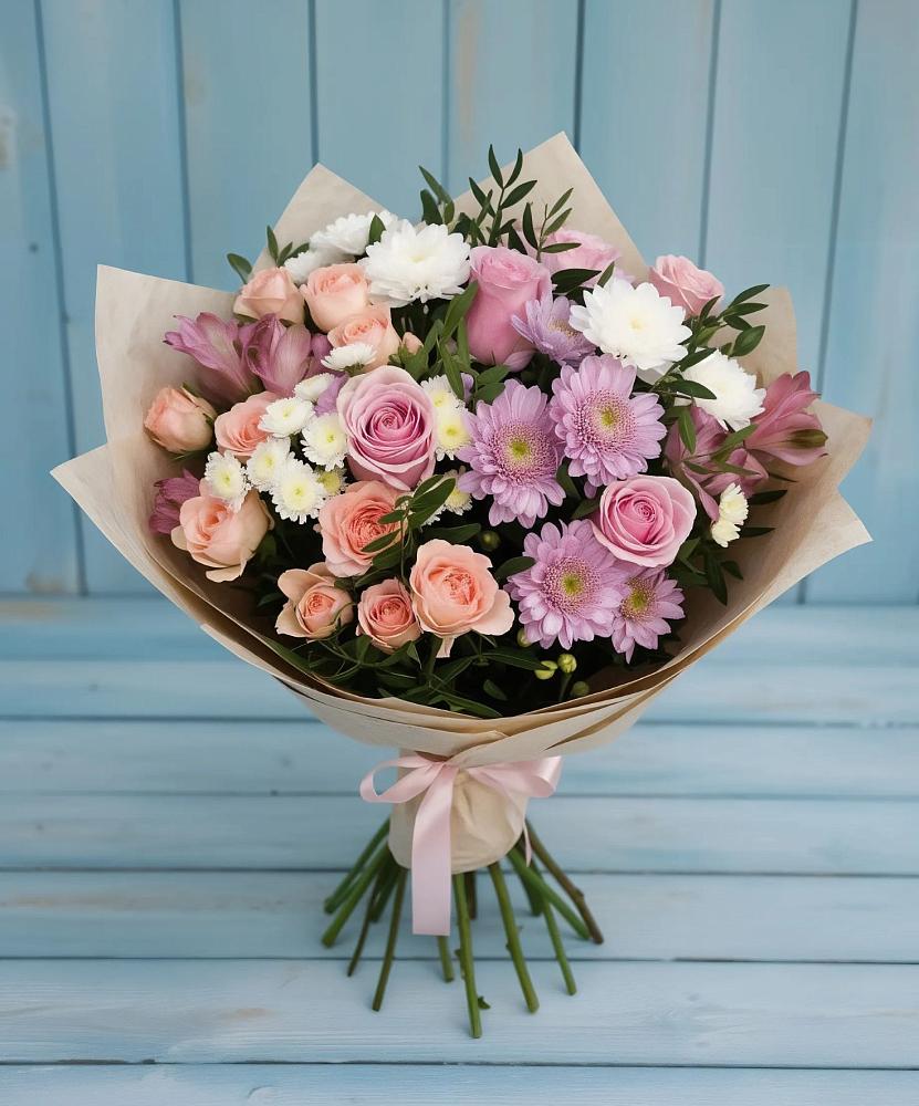 Букет цветов из: Хризантемы, Розы и Альстромерии в Юрлово