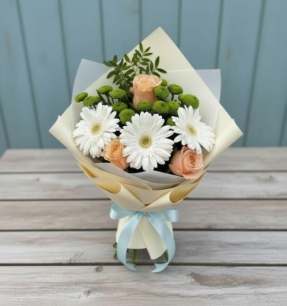 Букет цветов из: Герберы, Розы и Хризантемы в Юрлово