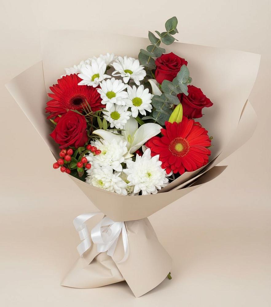 Букет цветов из: Розы, Хризантемы, Герберы и Лилии в Юрлово