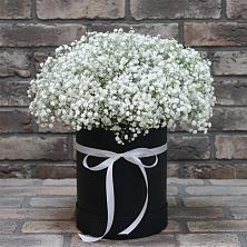 Цветочная композиция из Гипсофила в шляпной коробке в Юрлово