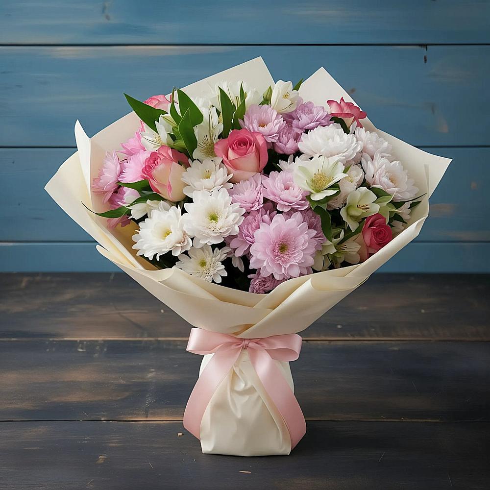 Букет цветов из: Хризантемы, Альстромерии и Розы в Юрлово